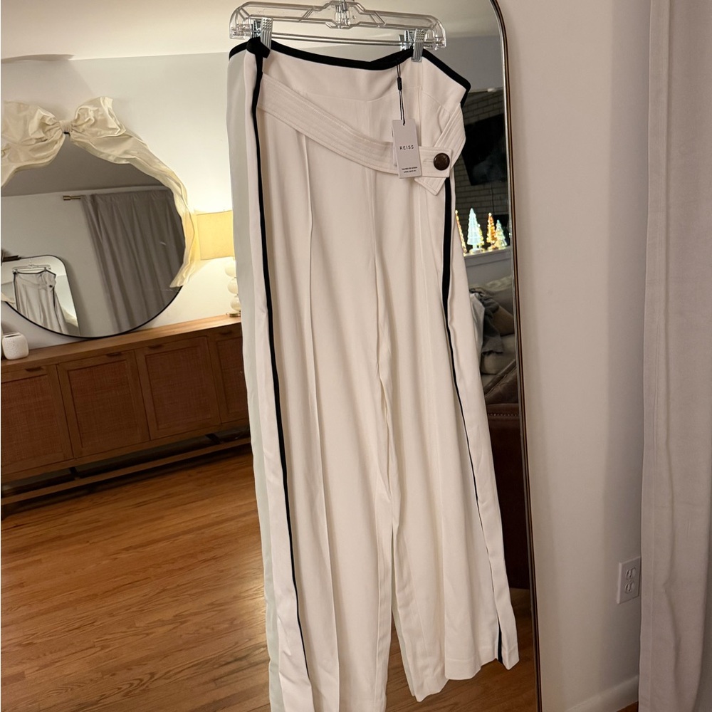 NWT Reiss White Wide-Leg Pants with Black Trim